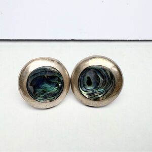 Vintage Mexican Taxco Round Abalone Inlay Iridescent Sterling Silver Cuff Links